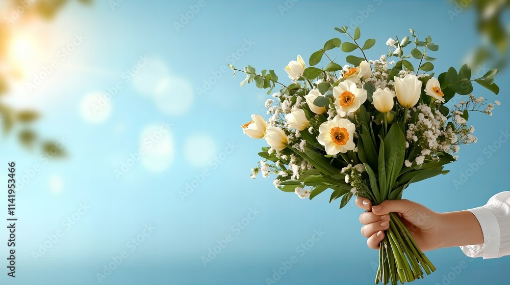 Obraz premium Hand holding spring bouquet of tulips and daisies against blue sky background