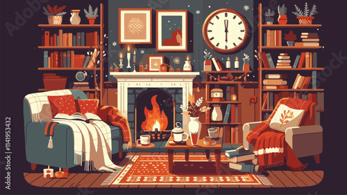 Cozy Winter Moments Warm interiors with blankets, hot drinks, books, and fireplaces