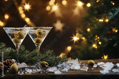 Two martinis with olives, lights, and pine branches on snowy table.