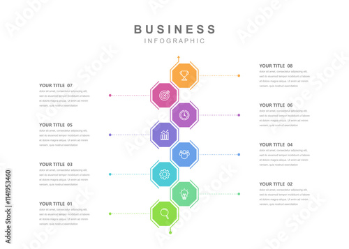 Timeline infographic template, business information with 8 options and icons for workflow, presentation and data visualization. web design vector.
