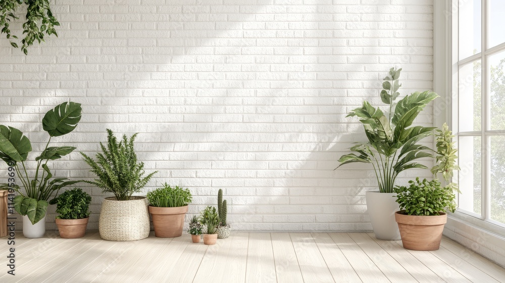 A Scandinavian-inspired room with a white brick wall, light wooden flooring, and a cluster of green plants in terracotta pots A Scandinavian-inspired room with a white brick wall, light wooden flooring, and a cluster of green plants in terracotta pots