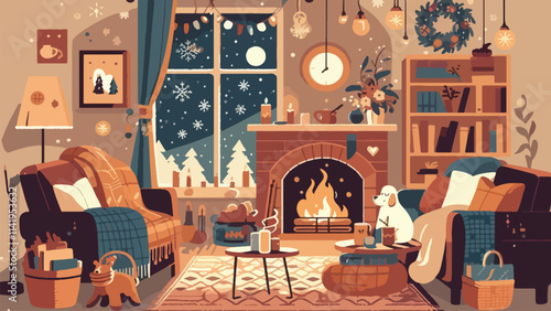 Cozy Winter Moments Warm interiors with blankets, hot drinks, books, and fireplaces