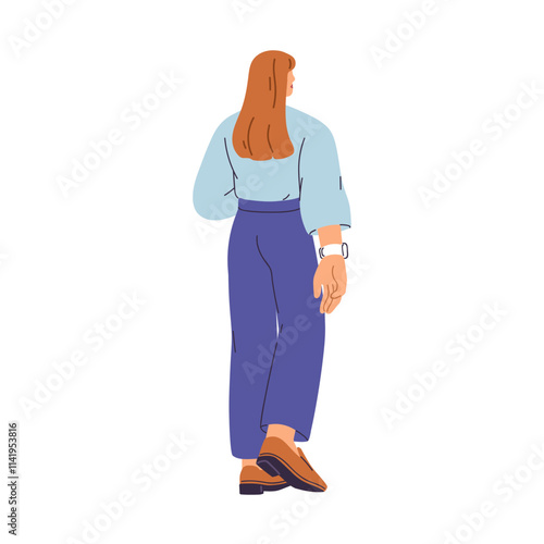 Business woman walking away, back rear view. Female employee going, backview. Office worker, businesswoman, manager turned behind, leaving. Flat vector illustration isolated on white background