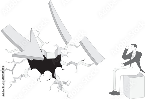 Broken arrow graph and downcast businessman, bankruptcy, economic crisis, loss of income