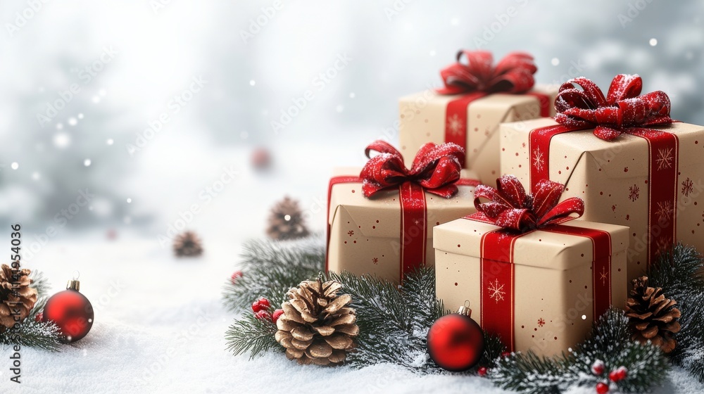 Beautiful Christmas Gift Boxes with Red Ribbons Surrounded by Pine Cones and Ornaments on a Snowy Winter Background with Soft Snowflakes Falling Beautiful Christmas Gift Boxes with Red Ribbons Surrounded by Pine Cones and Ornaments on a Snowy Winter Background with Soft Snowflakes Falling