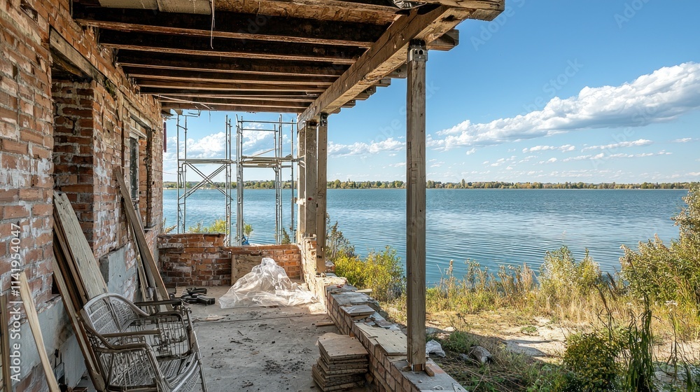 Unfinished building on the water, with scaffolding. Unfinished building on the water, with scaffolding.