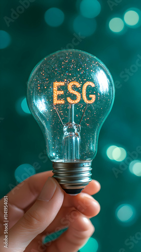 ESG, Illuminating Sustainable Practices for a Brighter Future.  A Hand Holds a Sparkling Lightbulb, Symbolizing Environmental, Social, and Governance Initiatives. photo