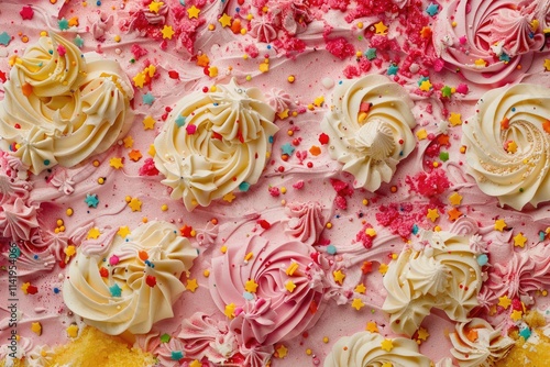 Pink and White Swirled Frosting Cake With Sprinkles photo