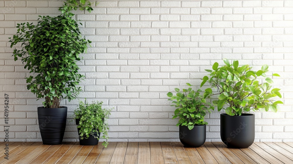 A stylish corner with a white brick wall, hardwood flooring, and bold green plants in chic black planters.