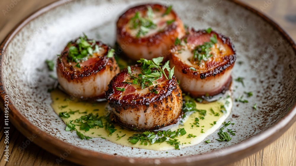 Bacon-wrapped scallops arranged on a rustic ceramic plate, with fresh parsley and a drizzle of lemon butter Bacon-wrapped scallops arranged on a rustic ceramic plate, with fresh parsley and a drizzle of lemon butter