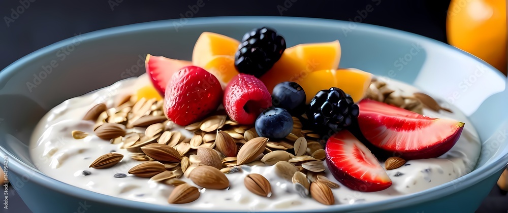 Macro shot of oats and protein powder mixed into a bowl of yogurt topped with seeds and fresh fruits showcasing texture and health in detail Macro shot of oats and protein powder mixed into a bowl of yogurt topped with seeds and fresh fruits showcasing texture and health in detail