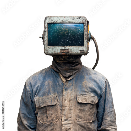 Surreal Portrait of a Person with a Vintage Television for a Head Amidst a Grimy Background photo