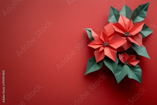 A vibrant arrangement of origami poinsettias in red and green, set against a bold red background, perfect for festive decorations.