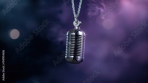 Isolated microphone hanging in a dark, moody background with subtle purple lighting