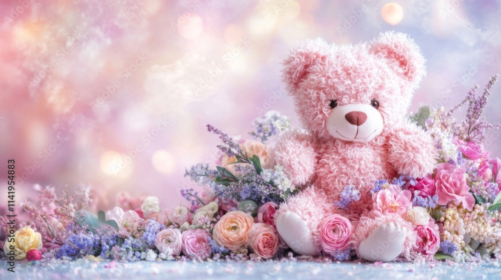 Fototapeta premium Pink Teddy Bear Amidst a Bouquet of Delicate Flowers