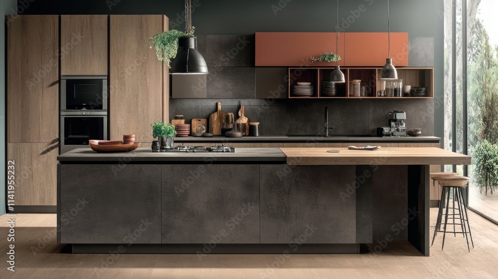 Modern kitchen, wooden cabinets, countertop, island, stool, plants. Modern kitchen, wooden cabinets, countertop, island, stool, plants.