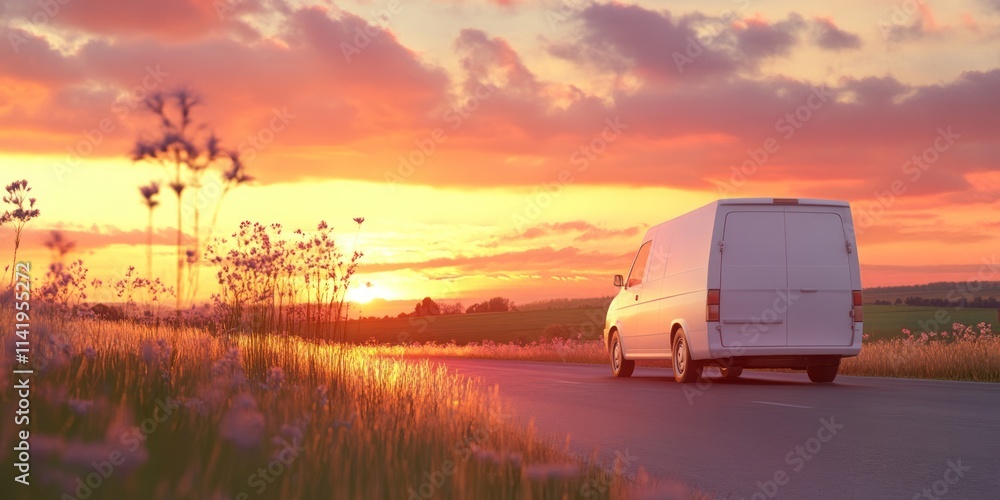 Van on road, sunset sky, grassy field. Van on road, sunset sky, grassy field.
