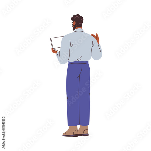 Business man with laptop, back rear view. Office worker standing, holding not...