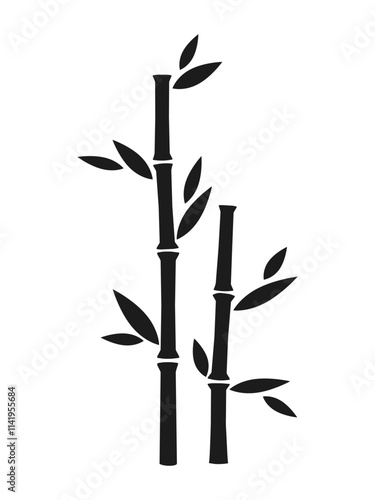Black Bamboo stems and leaves symbol. Logo. Silhouettes of Japanese decorative Natural branches. Vector plant isolated on transparent background