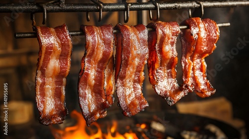 Smoked bacon hanging from metal hooks in a rustic smokehouse, with textured wood and firelight photo