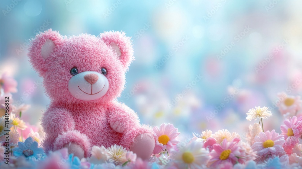 Fototapeta premium Pink Teddy Bear Sitting Among Delicate Flowers