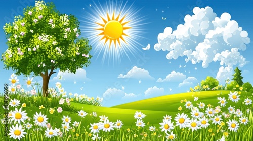 Sunny meadow with daisy flowers, green grass, and blooming tree.