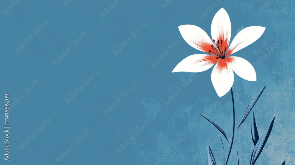White Flower With Orange Center On Blue Background White Flower With Orange Center On Blue Background