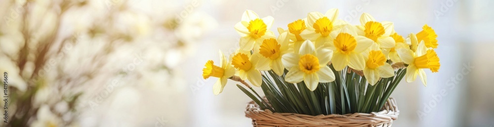 Daffodils in wicker pot with bokeh background. Daffodils in wicker pot with bokeh background.