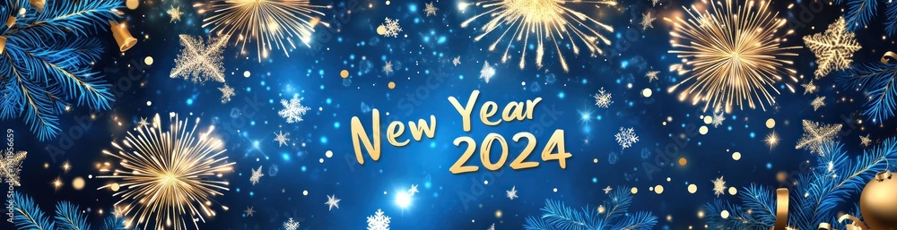 New Year 2024 with fireworks and stars on blue. New Year 2024 with fireworks and stars on blue.