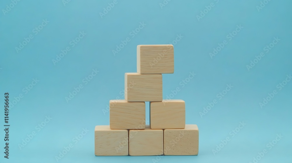 Wooden Blocks Stacked on Light Blue Background: Minimalist Product Photography. AI Generated Wooden Blocks Stacked on Light Blue Background: Minimalist Product Photography. AI Generated