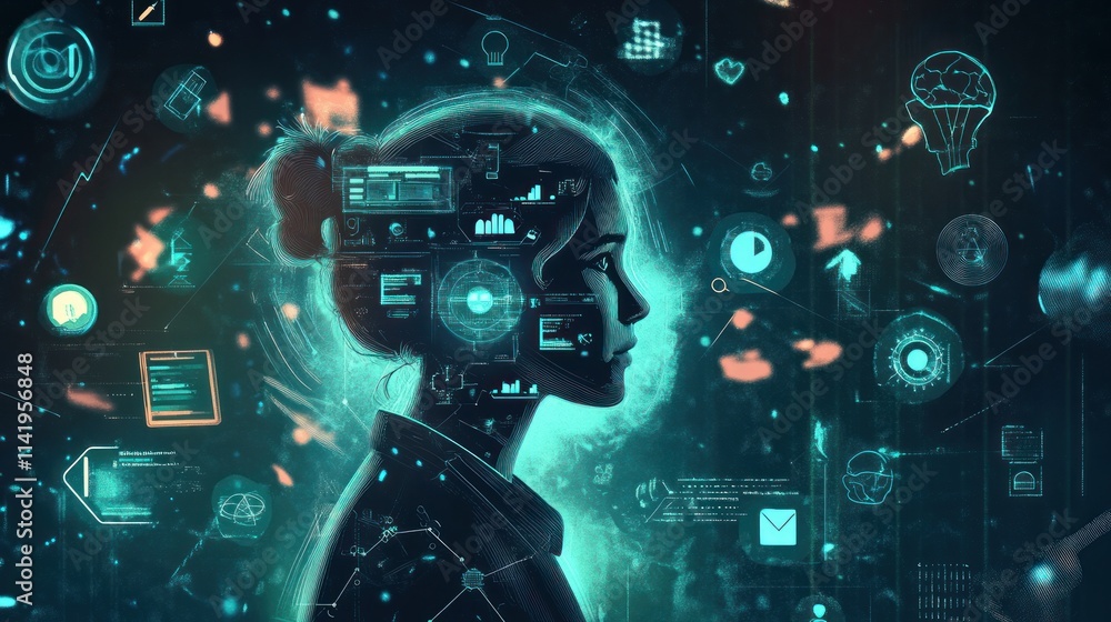 Woman with glowing data interface overlay. Woman with glowing data interface overlay.