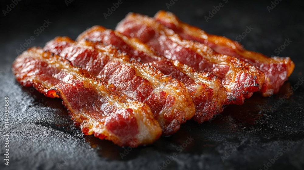 Succulent Crispy Bacon Strips Cooked to Perfection on a Dark Stone Surface, Ideal for Food Photography, Culinary Art, and Recipe Illustrations Succulent Crispy Bacon Strips Cooked to Perfection on a Dark Stone Surface, Ideal for Food Photography, Culinary Art, and Recipe Illustrations