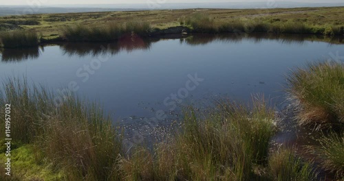 rock being thrown into a flooded mine shaft lake at the top of Spaunton moor, Rosedale abbey photo