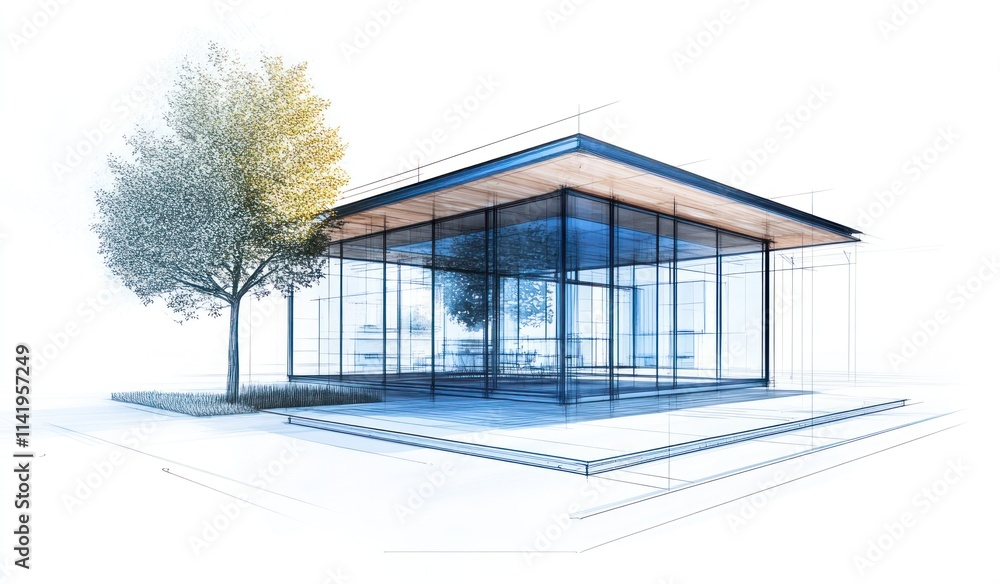Transparent building with tree, sketch-like drawing. Transparent building with tree, sketch-like drawing.