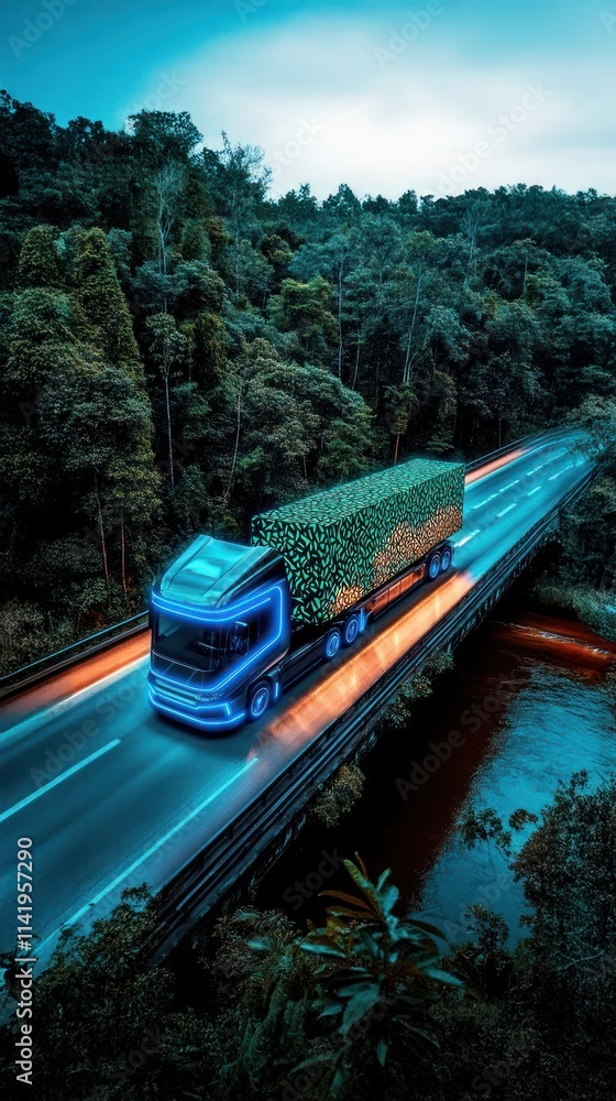 Naklejka premium A futuristic electric truck with digital blue lights carries cargo in green patterns, highlighting renewable energy, clean energy, and sustainable transportation