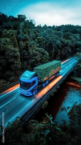 A futuristic electric truck with digital blue lights carries cargo in green patterns, highlighting renewable energy, clean energy, and sustainable transportation