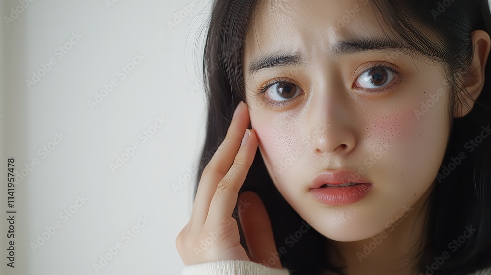 Close-up of a woman in a contemplative pose, with her hand on her temple, expressing discomfort Close-up of a woman in a contemplative pose, with her hand on her temple, expressing discomfort
