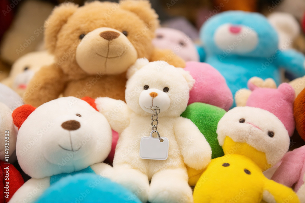 Blank Matte White Keychain Resting in a Pile of Soft Plush Toys Blank Matte White Keychain Resting in a Pile of Soft Plush Toys