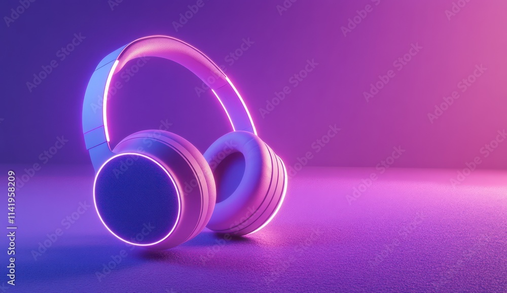 Headphones with neon glow on purple background. Headphones with neon glow on purple background.