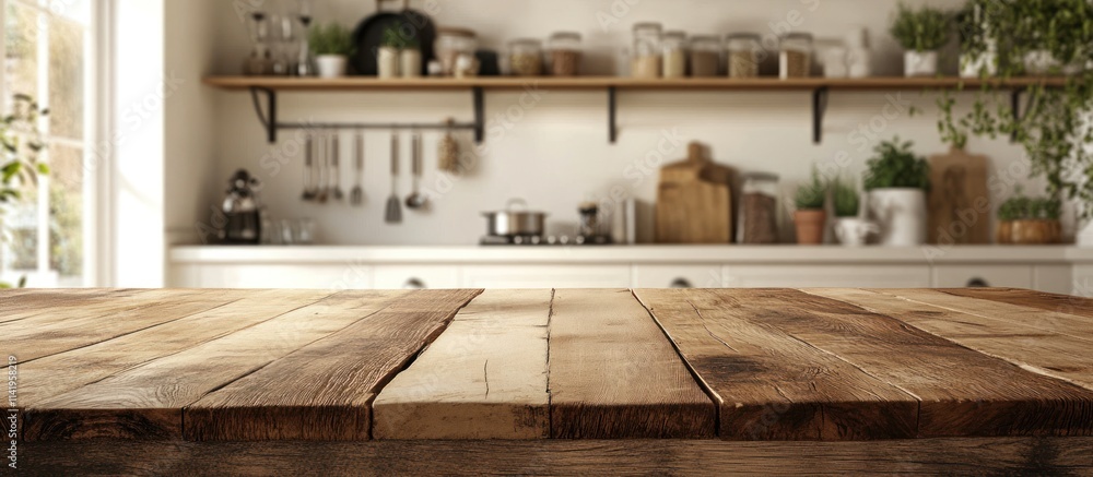Empty wood table in a bright kitchen with blurry background. Empty wood table in a bright kitchen with blurry background.