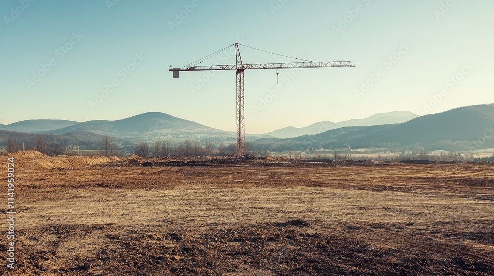 A barren landscape with a single tower crane towering over the start of a new development project A barren landscape with a single tower crane towering over the start of a new development project