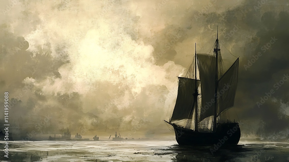Fototapeta premium Sailing Ship at Dusk: A Digital Painting of a Historic Vessel. AI Generated