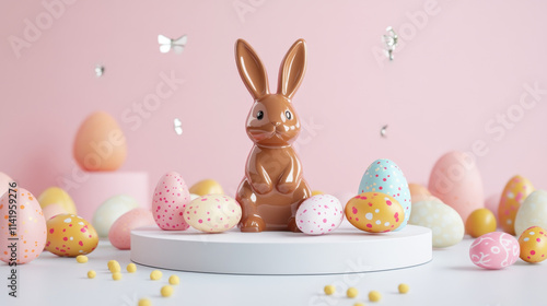 3D white display podium surrounded by Easter eggs and chocolate bunny on pale pink background.