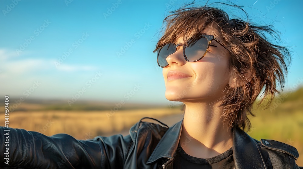 Smiling woman with short hair in sunglasses, enjoying a sunny day outdoors. Smiling woman with short hair in sunglasses, enjoying a sunny day outdoors.