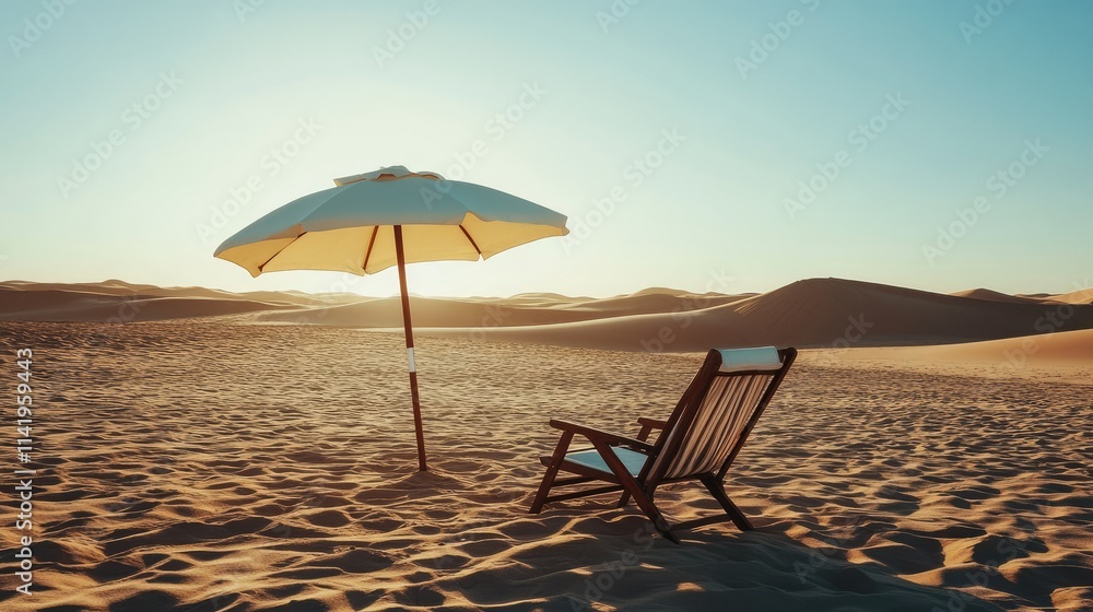 A beach chair and a sun umbrella in the middle of a desert-like sandy beach, endless dunes stretching in the background. A beach chair and a sun umbrella in the middle of a desert-like sandy beach, endless dunes stretching in the background.