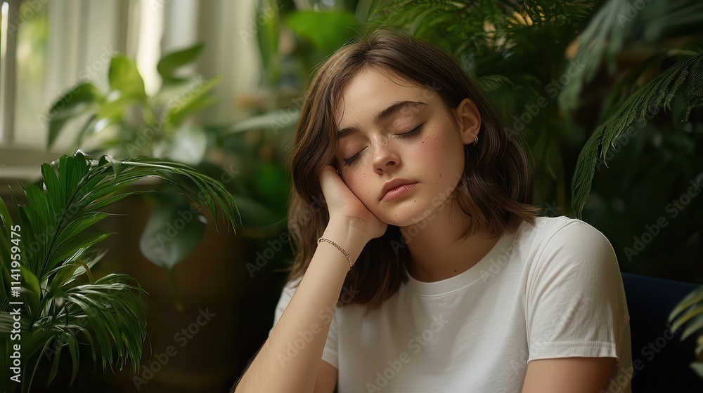 A young woman leaning her head on her hand, experiencing fatigue and stress-related pain A young woman leaning her head on her hand, experiencing fatigue and stress-related pain