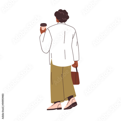 Woman walking away with coffee cup in hand, view from behind. Female employee...