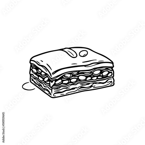 Turkish Baklava Slice with Layers of Filo Pastry, Nuts, and Syrup – A Rich and Sweet Dessert Black Outline Vector Illustration Generated with AI