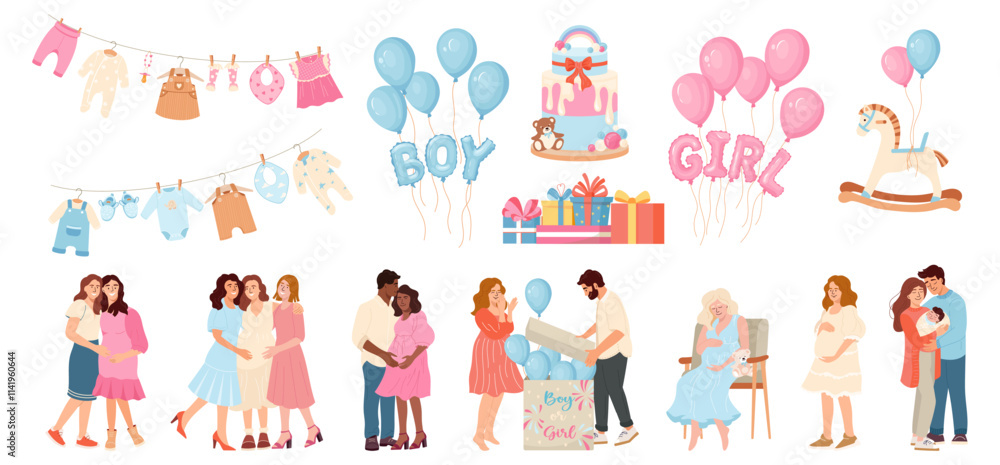 Collection vector pregnant girl, couple, young parents for baby shower People celebrating, introducing newborn arrival, infant birth Gender reveal party elements 'Girl' 'Boy' balloons, gifts, clothes Collection vector pregnant girl, couple, young parents for baby shower People celebrating, introducing newborn arrival, infant birth Gender reveal party elements 'Girl' 'Boy' balloons, gifts, clothes