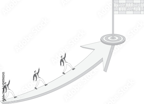 Businessmen compete on arrows race to bullseye flag finish